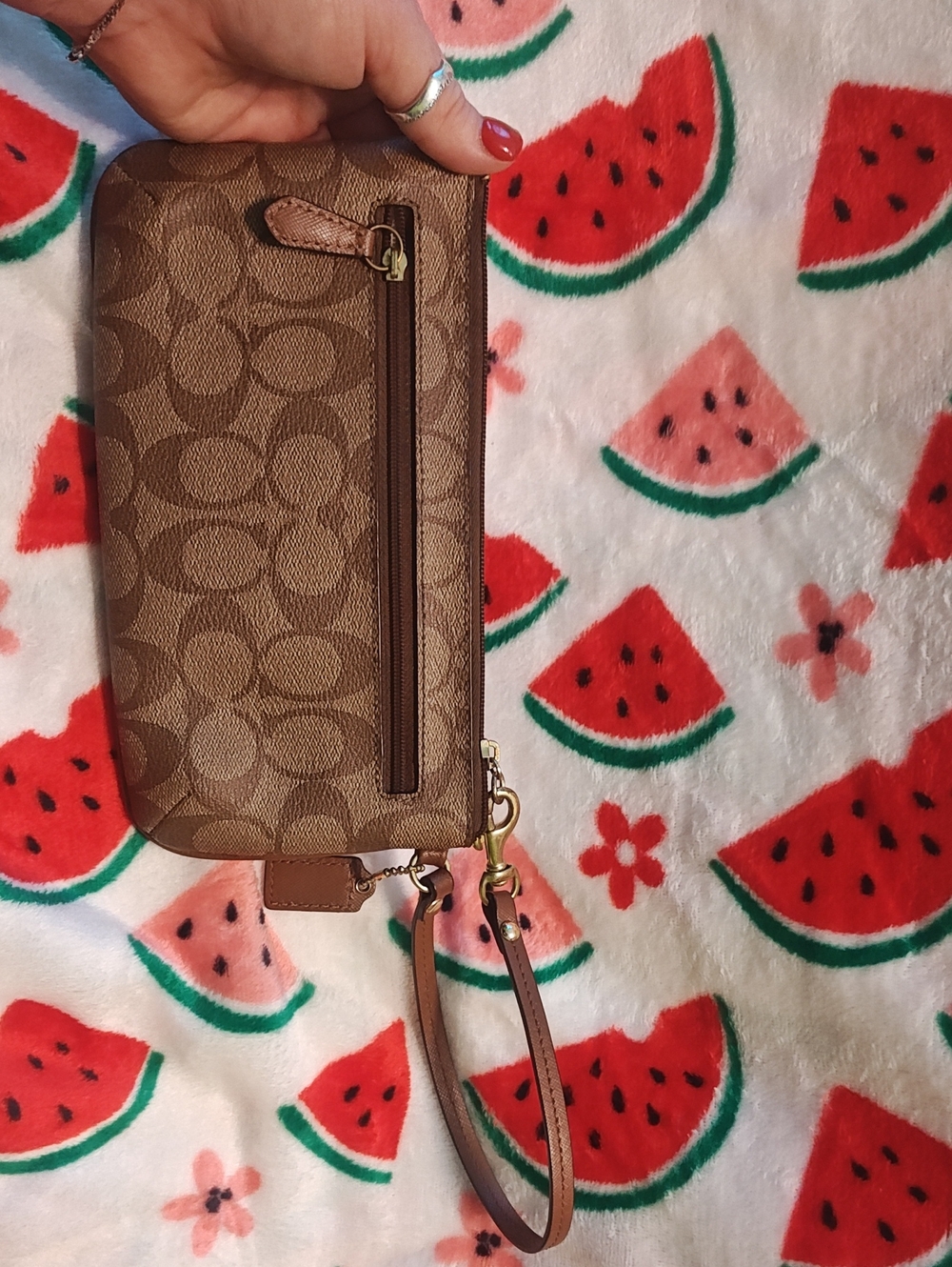 Coach Tan/Brown Signature Canvas Wristlet with Gold Accent - Picture 3 of 7